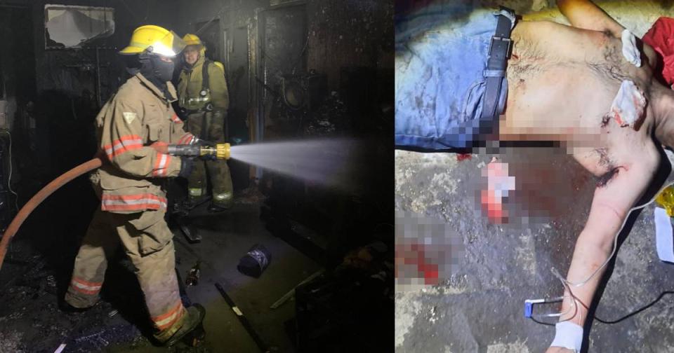 Bombero Apagando Incendio Y Herido Cover