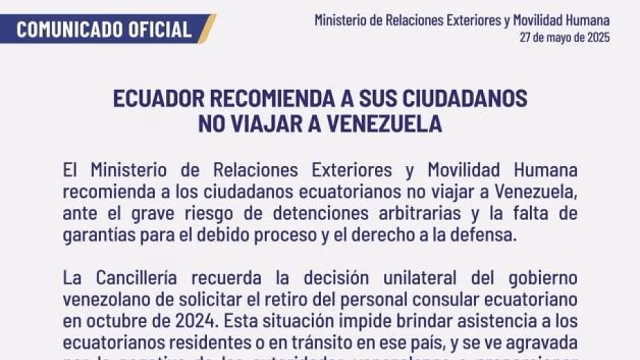 Ecuador y EE.UU. advierten sobre riesgos de viajar a Venezuela