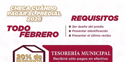 Otorgan descuentos en pago del predial 2026 durante febrero