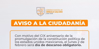 Ayuntamiento de Úrsulo Galván suspenderá actividades administrativas el 2 de febrero