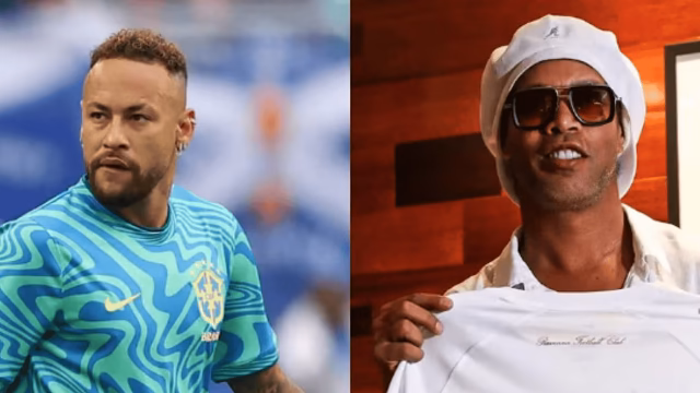 O abraço emocionado de Ronaldinho em Neymar antes do amistoso